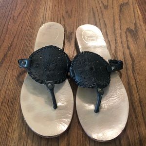 ❤ JACK ROGERS | Black Leather Whipstitch Studded Thong Sandals